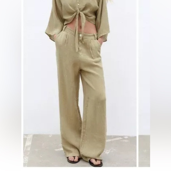 Zara 100% Linen Relaxed Wide Leg Pants - Picture 1 of 15